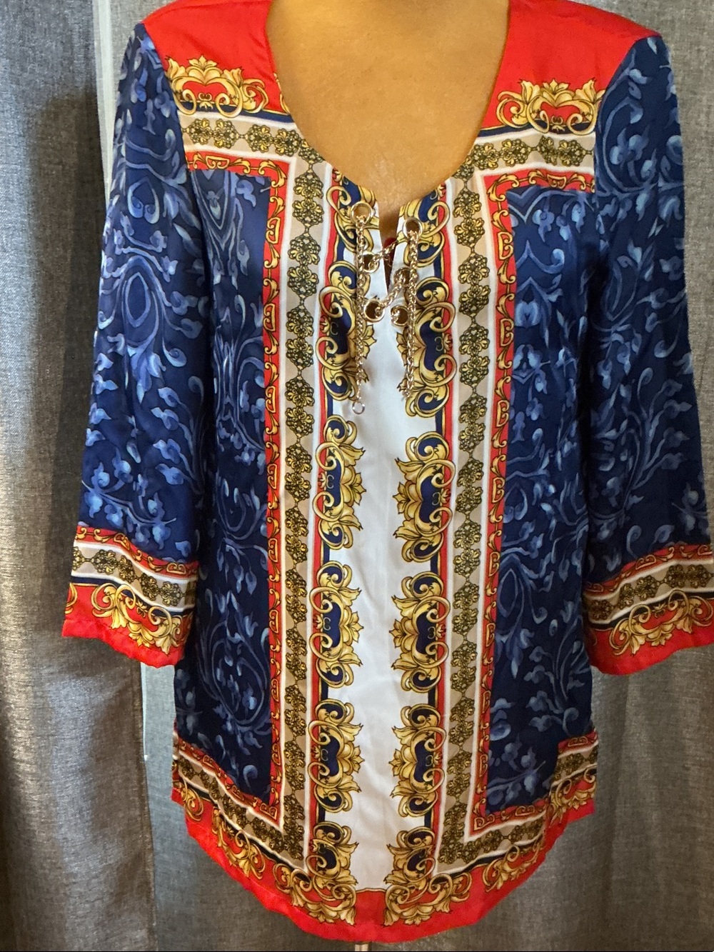 Cache Navy Red Gold Baroque-Print V-Neck Tunic Top